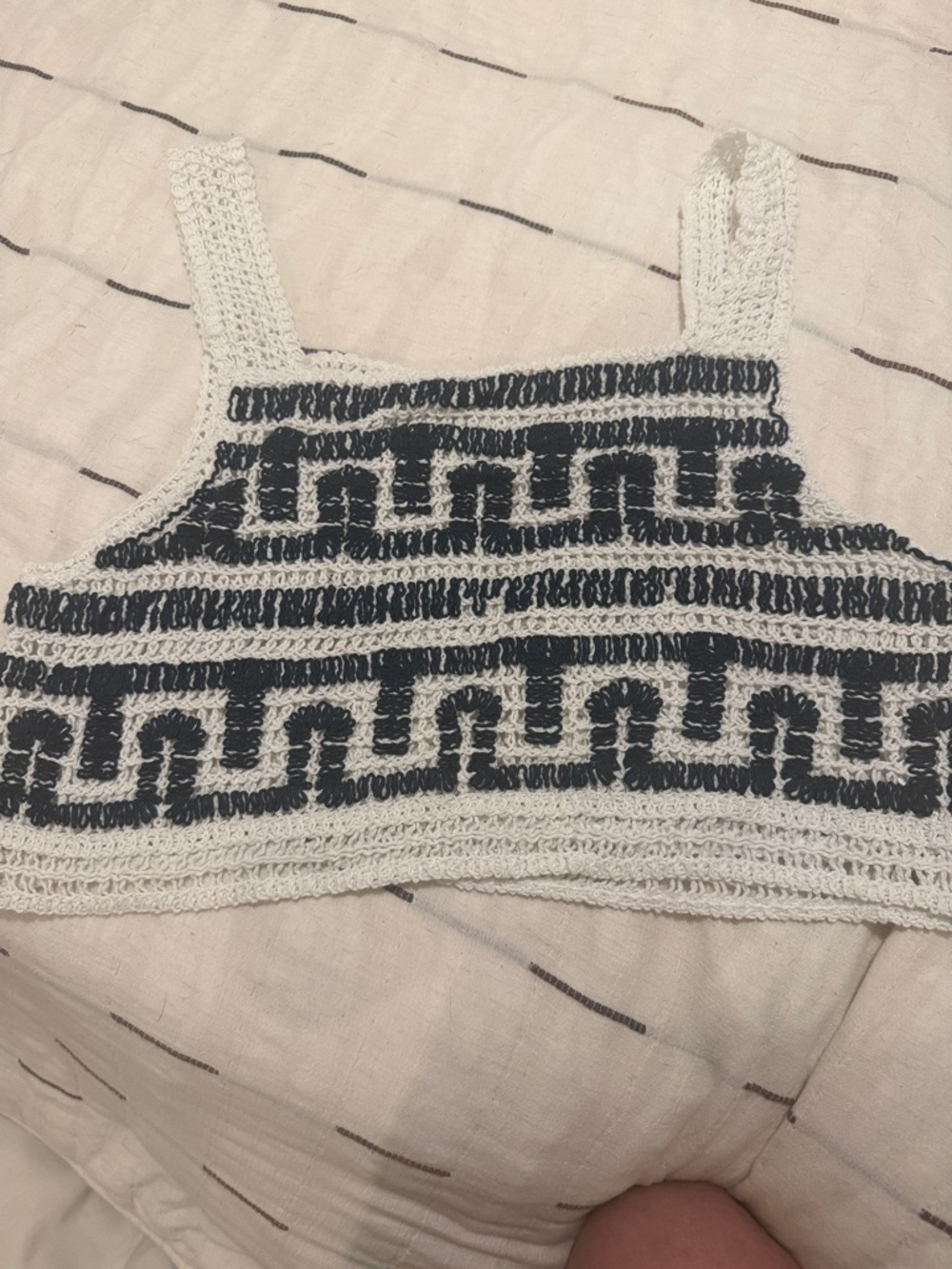 Women's Crocheted Tank Top in White with Navy Pattern